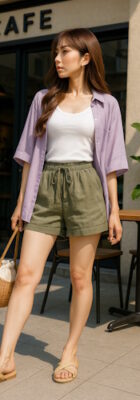 ラベンダーシャツで抜け感を、カーキショートで程よいカジュアルを【#今日のコーデ】