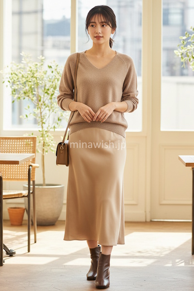 成功例の視点:ラグランスリーブとVネックで視線を縦に流す