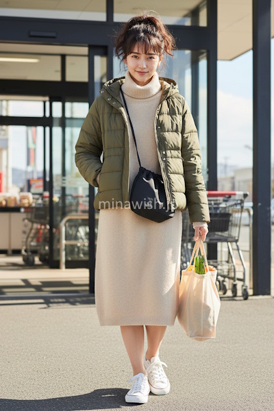 NG例：暖かさ重視の組み合わせで部屋着のように見える